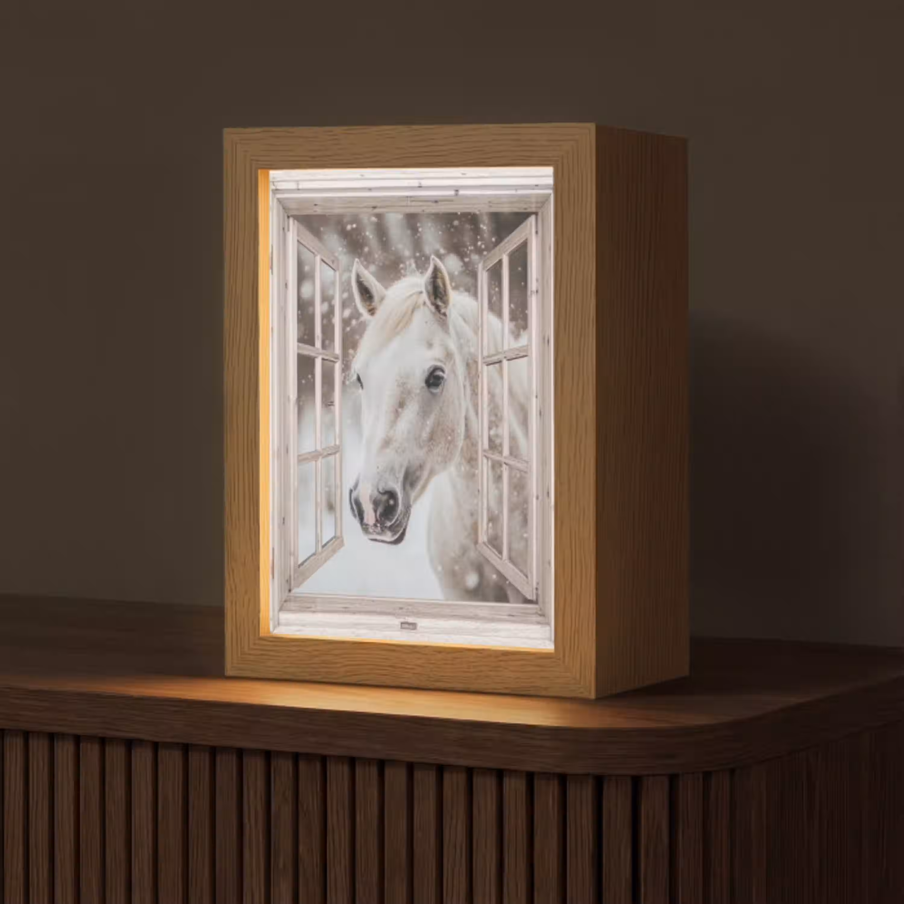 Paard - Wit - Winter - Sneeuw - Doorkijk - Dieren Light Box met kabel (Tafellamp) klein -z3d_website