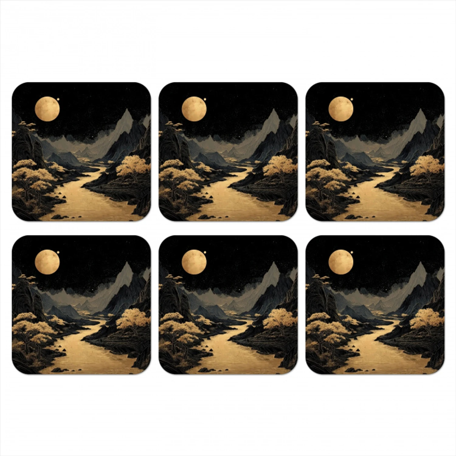 Gouden rivier - Bergen - Maan - Sterrenhemel onderzetter kurk middel -3d