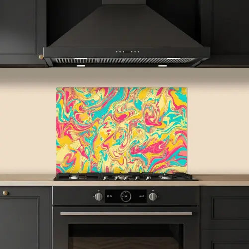 Geel - Roze - Blauw - Retro keuken achterwand spatscherm klein -sfeer1