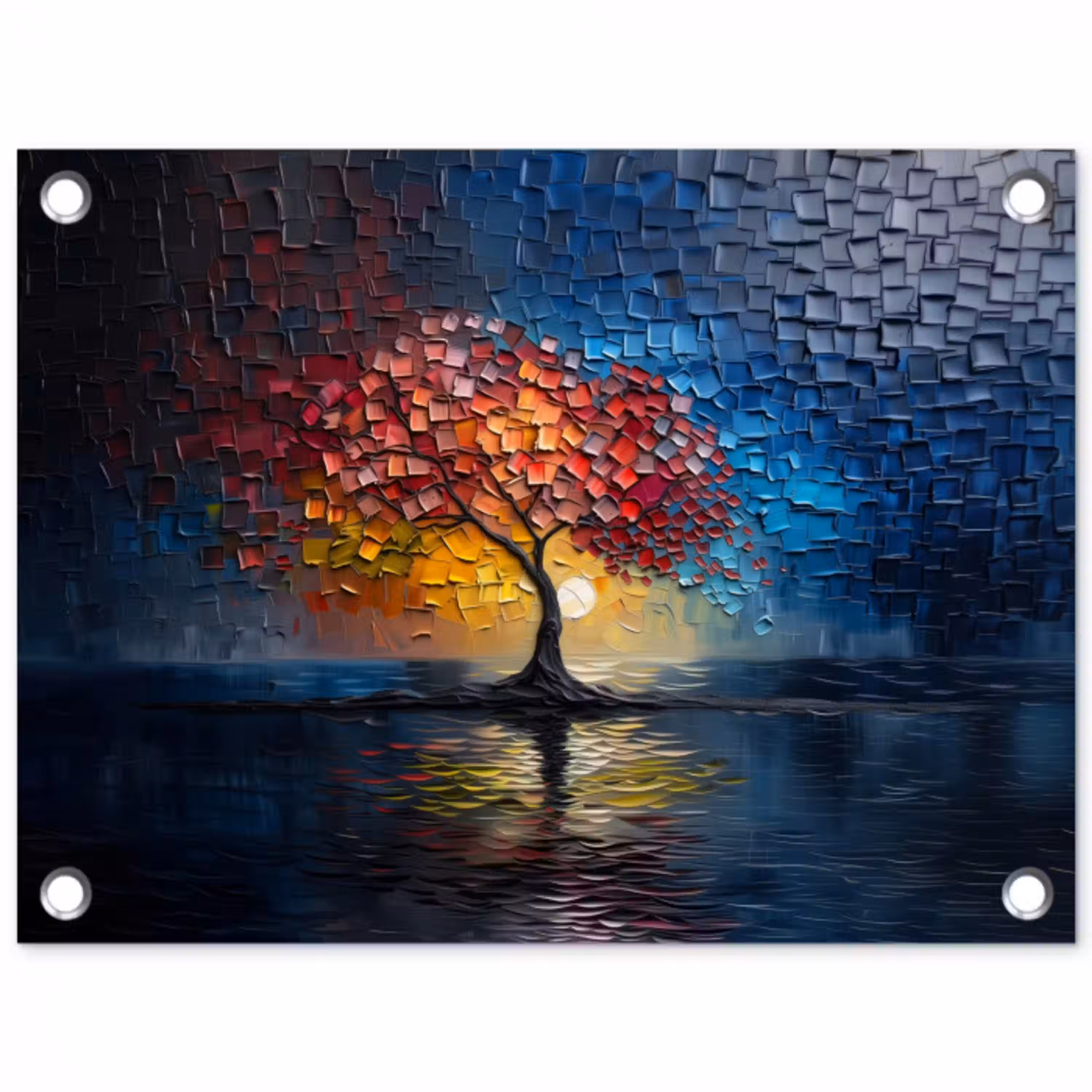 Boom - Blauw - Bladeren - Vakken tuinposter los doek klein -3d
