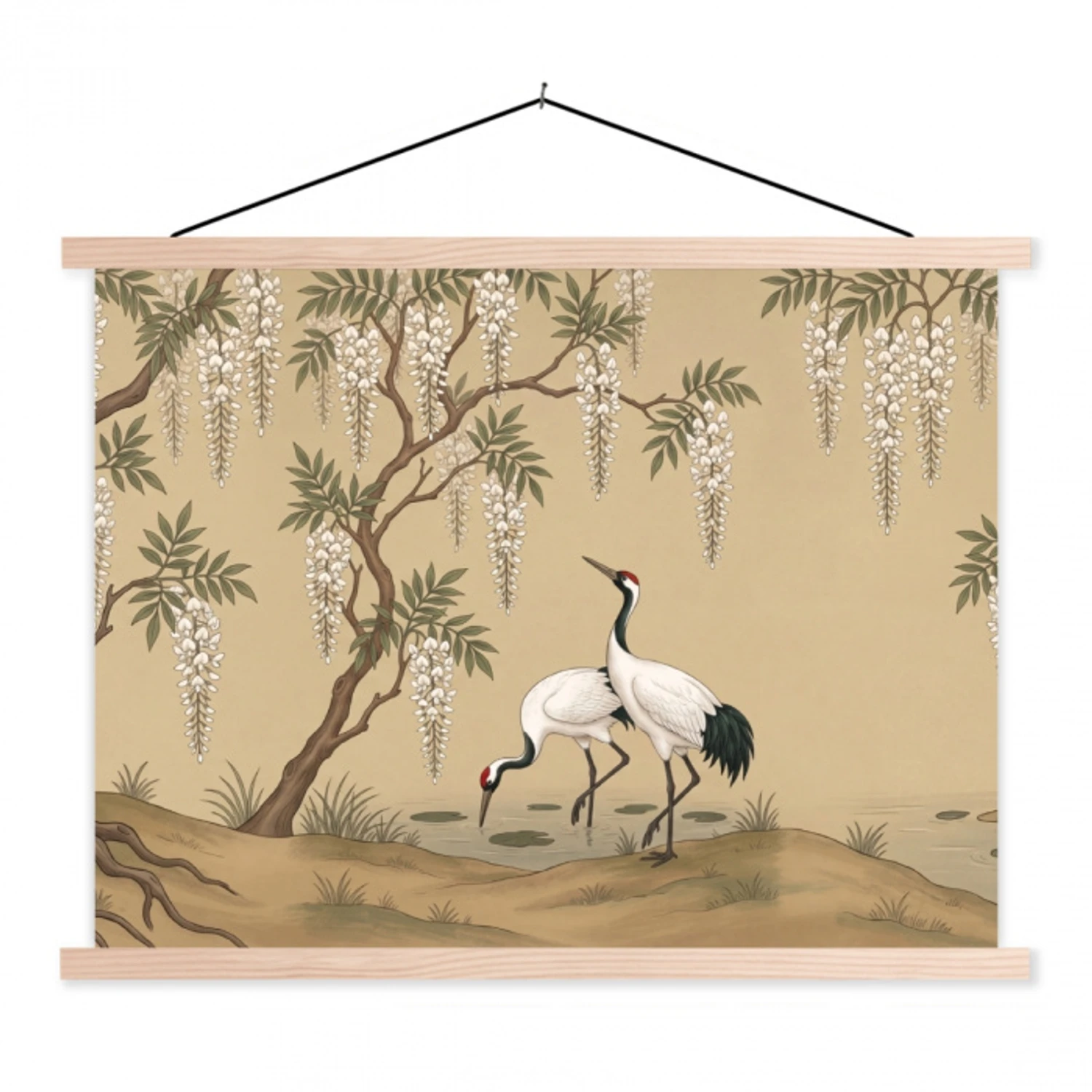 Kraanvogels - Water - Beige textielposter latten blank klein -3d