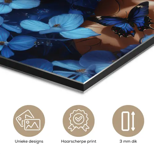 Vrouw - Blauw - Bloemen - Vlinders - Natuur aluminium wit klein -closeup_NL