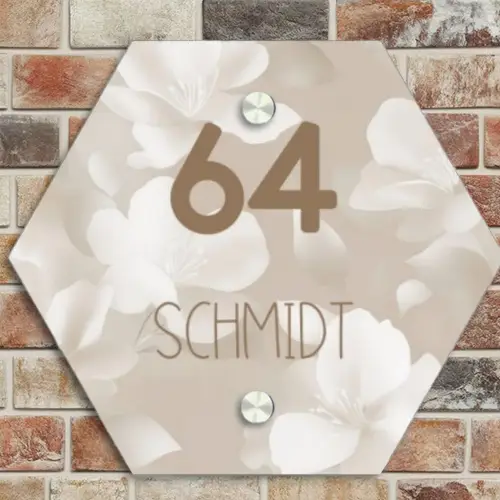 Beigefarbene Blumen - Modern Naambord Hexagon klein -sfeer2