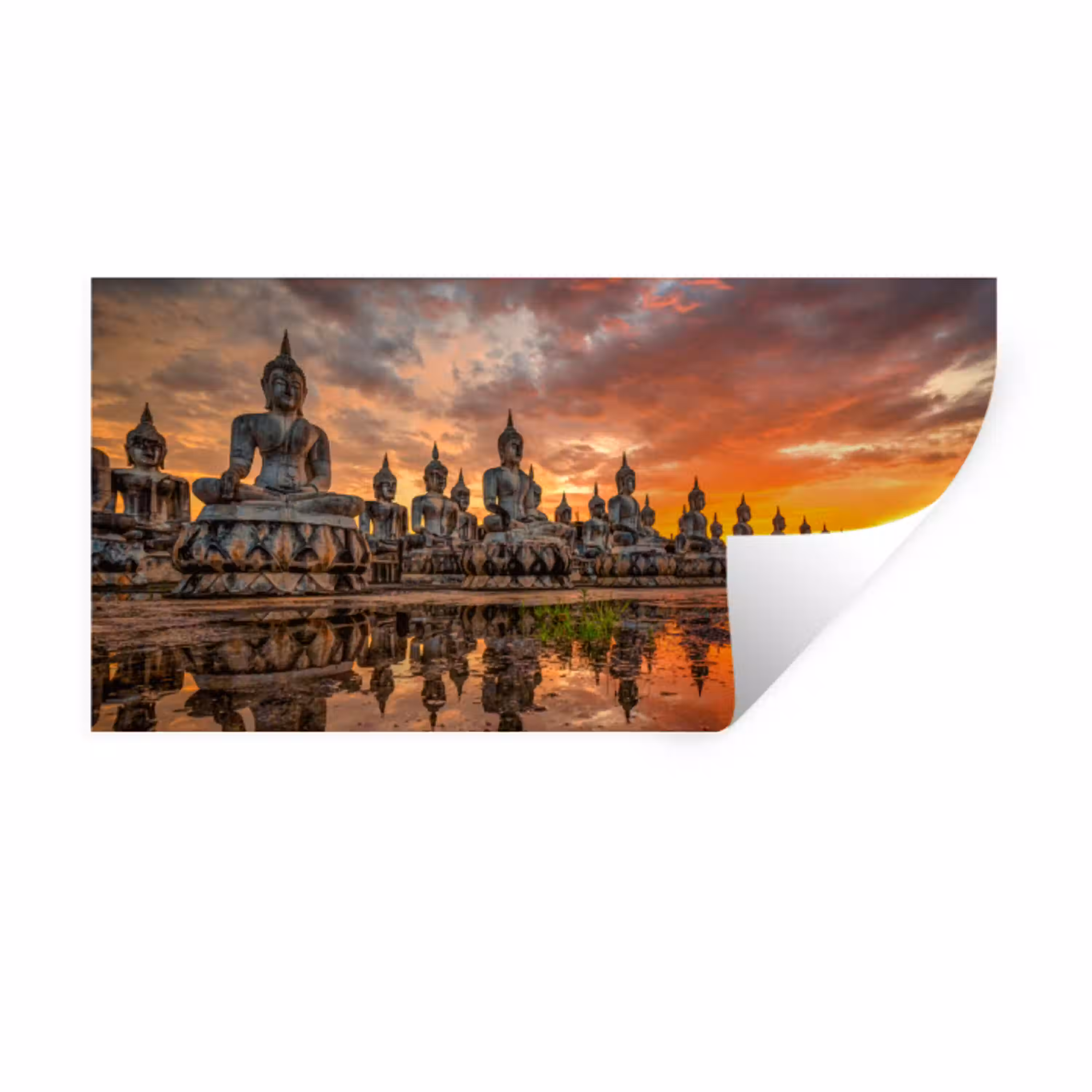 Boeddha beelden - Zonsondergang - Water - Boeddhisme Muursticker klein -3d