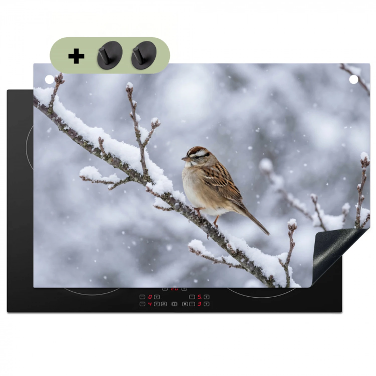Vogel - Tak - Sneeuw - Winter Inductie beschemer met haakjes klein -3d