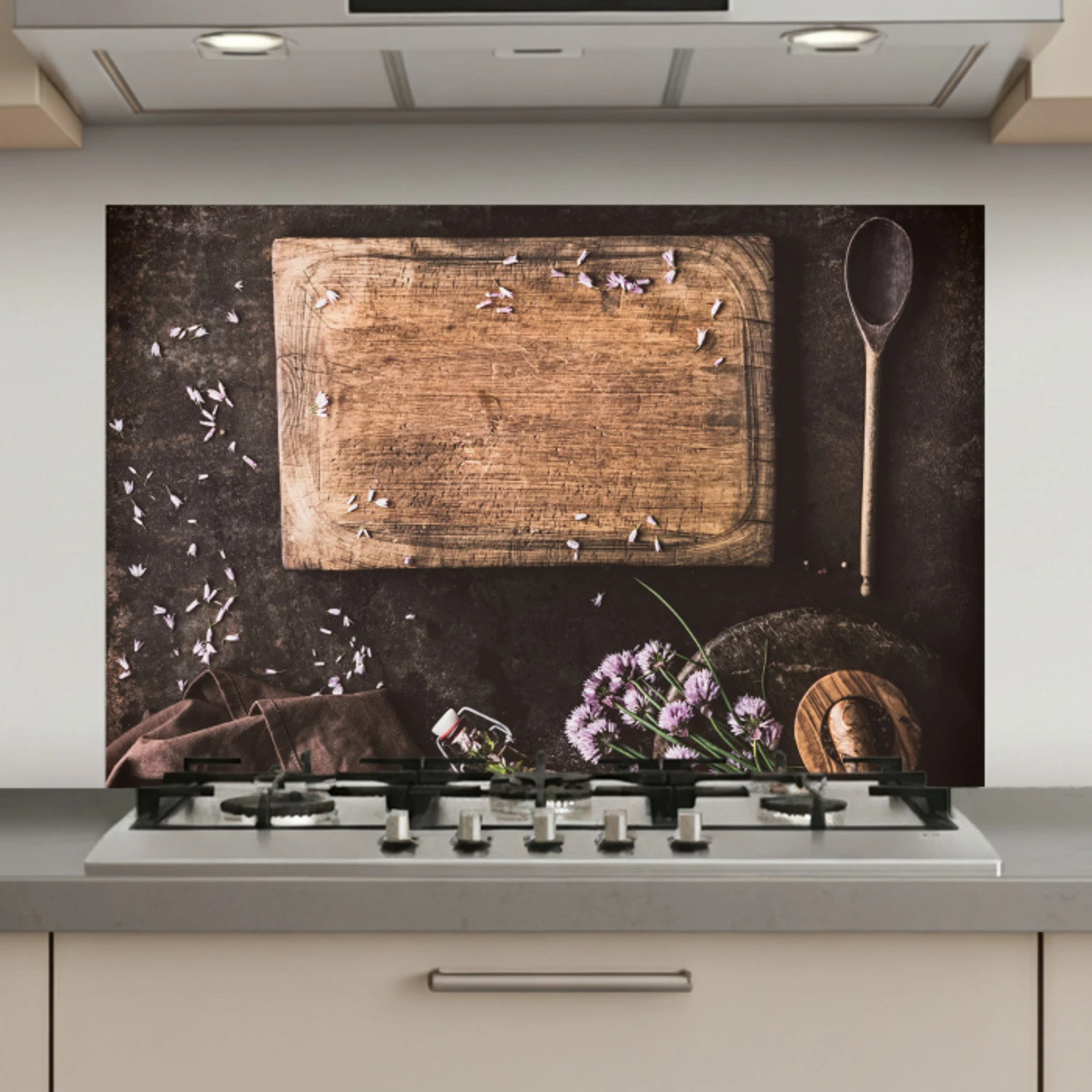 Snijplank - Kruiden - Lepel - Keuken - Rustiek - Vijzel - Bieslook keuken achterwand spatscherm klein -3d_website