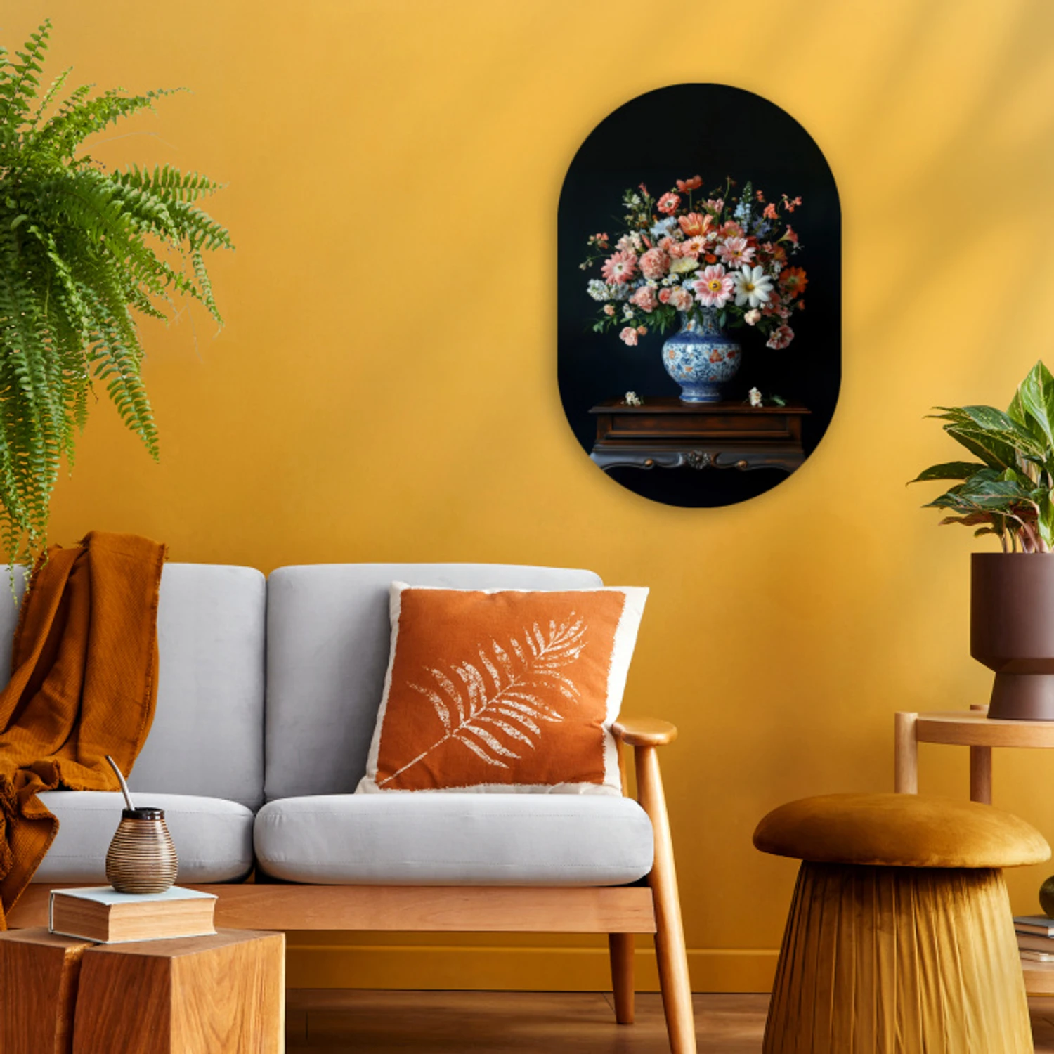 Hout - Vaas - Kleuren - Bloemen Wandcirkel Ovaal Forex klein -sfeer4