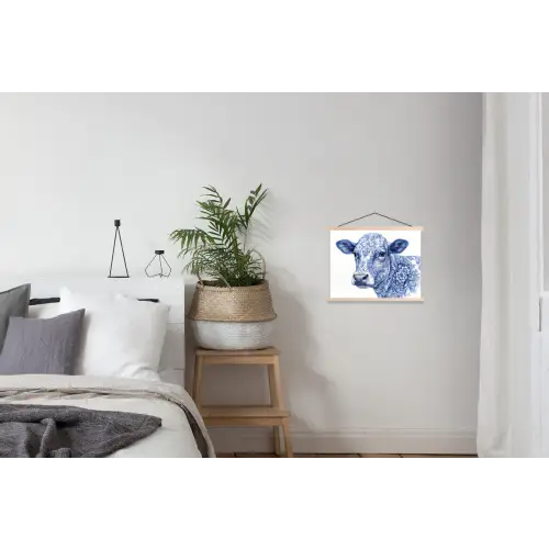 Illustratie - Koe - Blauw textielposter latten blank klein -woonkamer