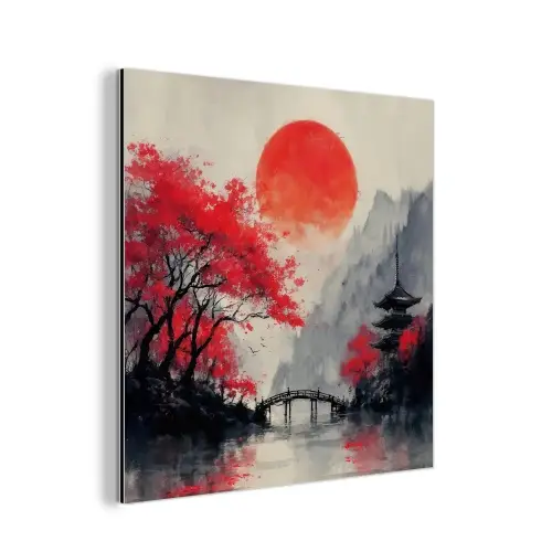 Rode zon - Rivier - brug - Bomen aluminium wit klein -3d