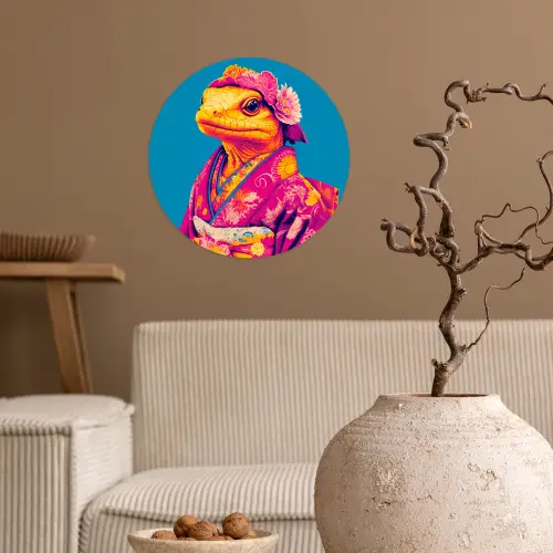 Bloemenkrans - Hagedis - Kimono - Paars Wandcirkel behangsticker klein -sfeer1