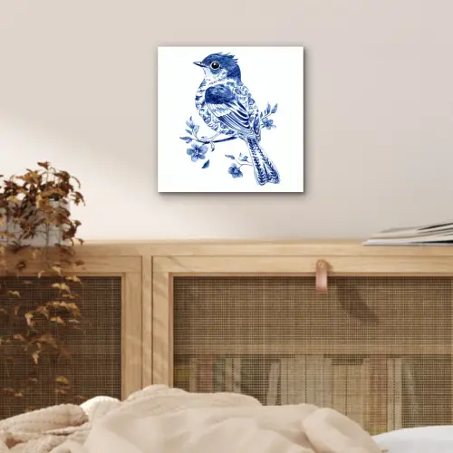 Vogel - Delfts blauw - Illustratie - Bloemen aluminium wit klein -sfeer3