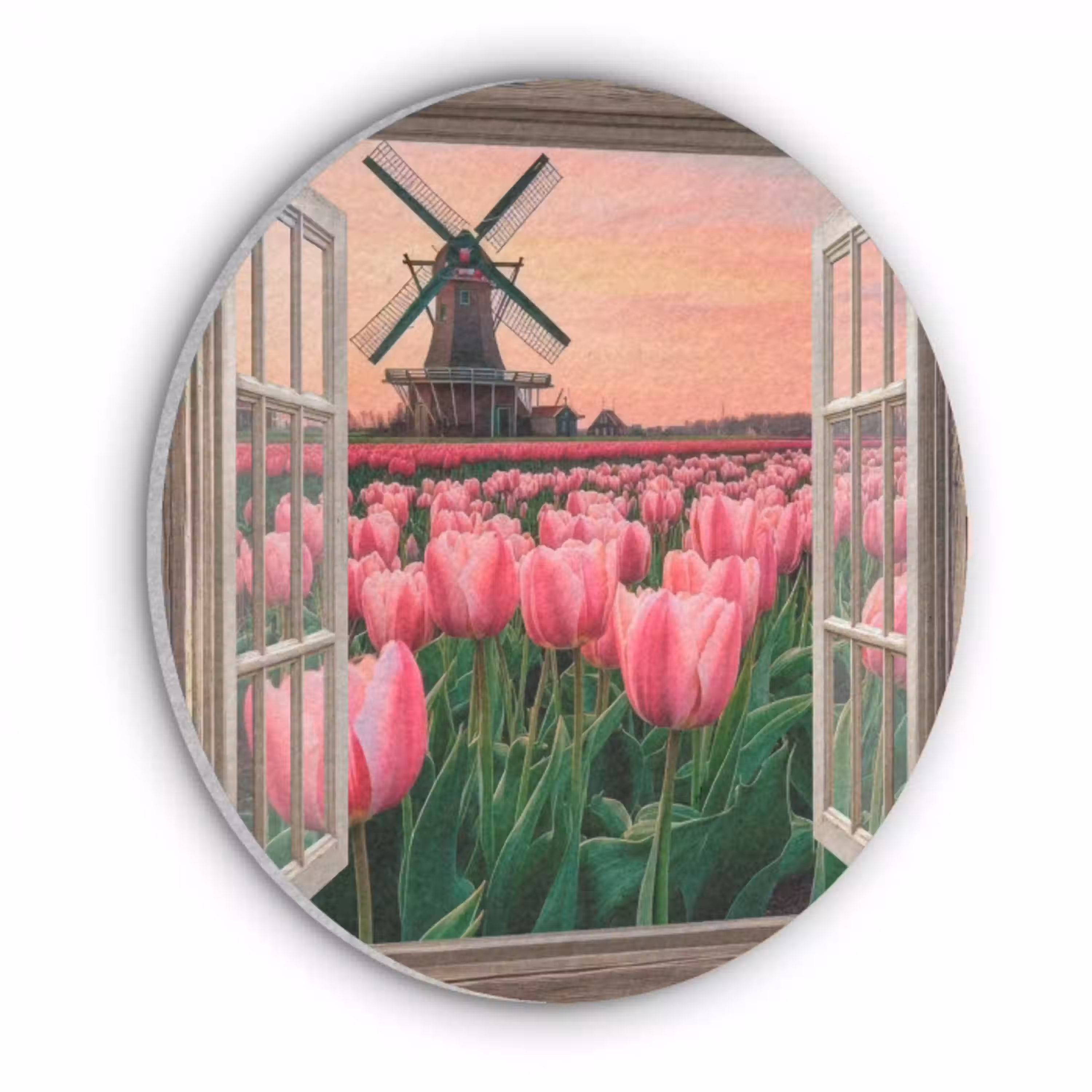 Doorkijk - Tulpen - Bloemen - Molen - Raam Akoestische PET Vilt - Rond klein -3d