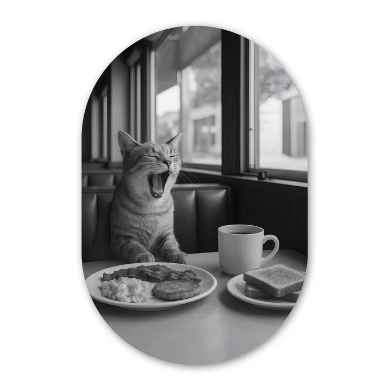 Kat - Koffie - Brood - Zwart Wandcirkel Ovaal Aluminium middel -3d