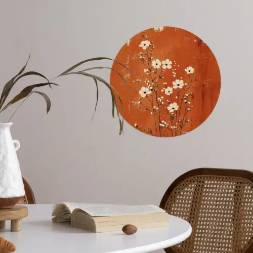 Bloemen - Wit - Subtiel - Roestkleur Wandcirkel behangsticker klein -sfeer3