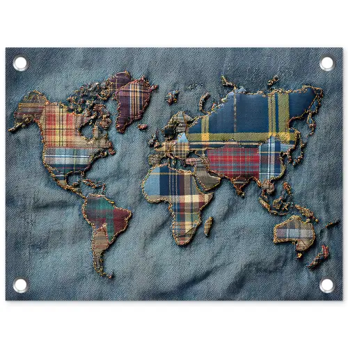 Wereldkaart - Denim - Textiel tuinposter los doek klein -3d