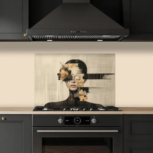 Gezicht - Bloemen - Zwart - Vrouw keuken achterwand spatscherm klein -sfeer1