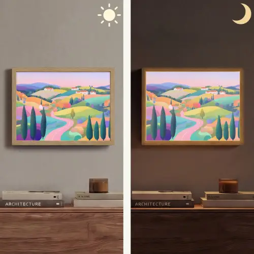 Landschap - Paars - Pastel - Huizen Light Box met batterij (Wandlamp) middel -sfeer3