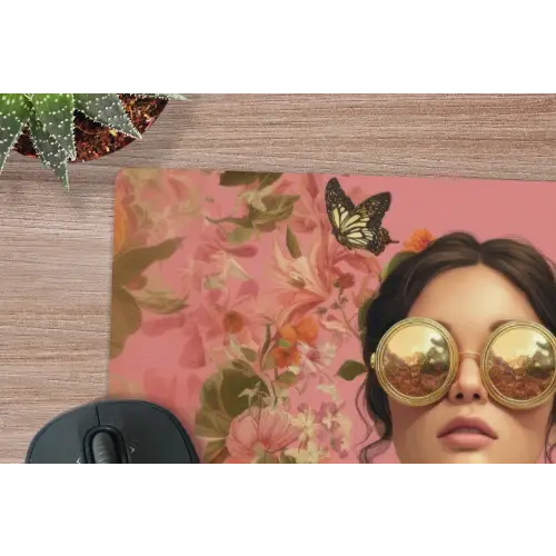 Vrouw - Bril - Roze - Bloemen muismat rubber klein -closeup