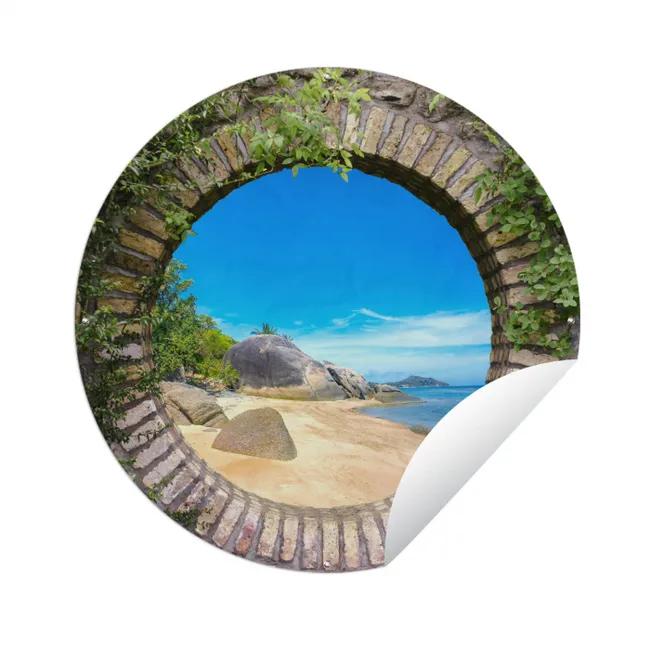 Zomer - Strand - Doorkijk - Tropical Wandcirkel tuinposter met ringen klein -3d