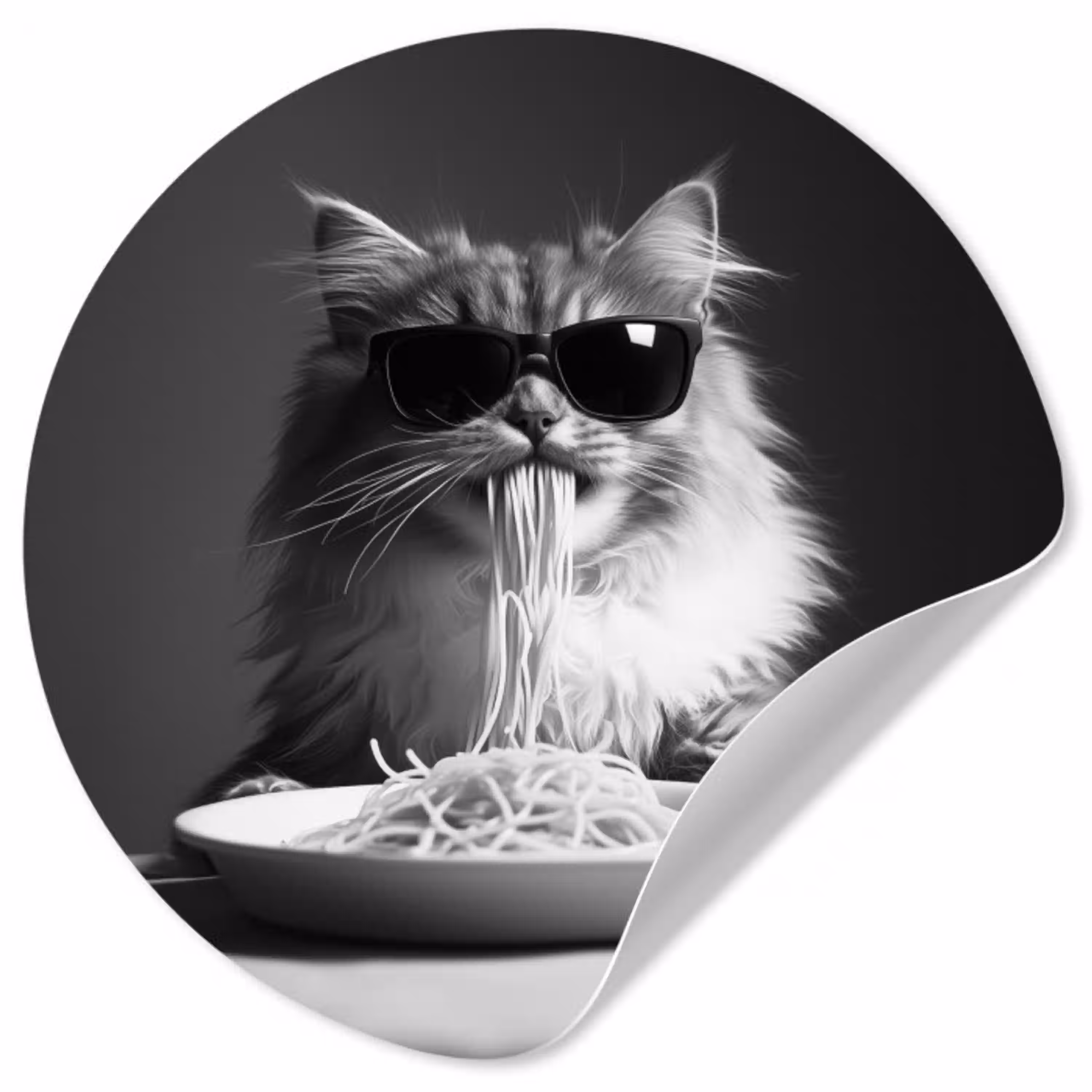 Langharige kat - Zonnebril - Spaghetti - Humor - Zwart - wit Wandcirkel behangsticker klein -3d