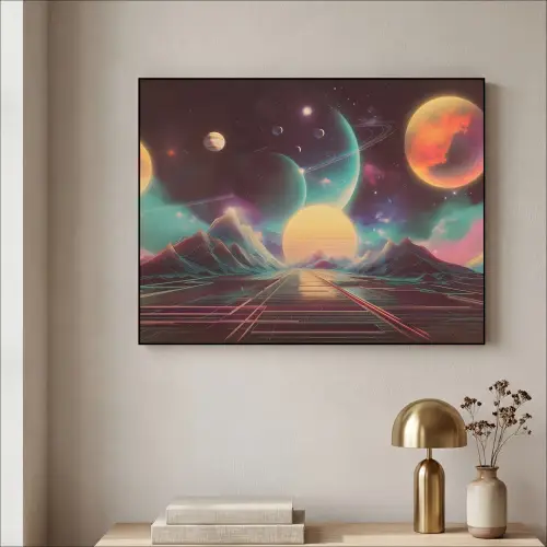 Planeten - Neon - Berglandschap - Zon Textielframe zwart klein -sfeer2