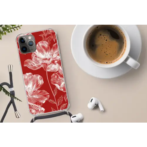 Bloemen - Patroon - Rood - Wit Hoesje iPhone 12 Pro met koord klein -oordop