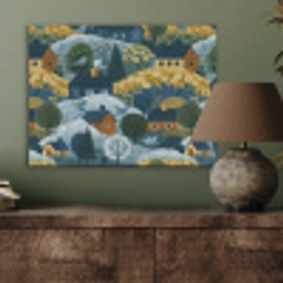 Huisjes - Bloemen - Patroon - Geel - Blauw PET vilt klein 837 -sfeer2