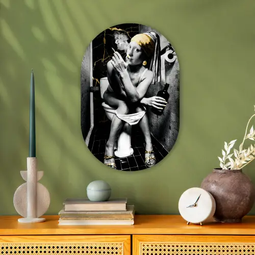 Marmerlook - Meisje met de parel - Sigaretten - Toilet - Goud - Kunst - Oude meesters Wandcirkel Ovaal Forex klein -sfeer2