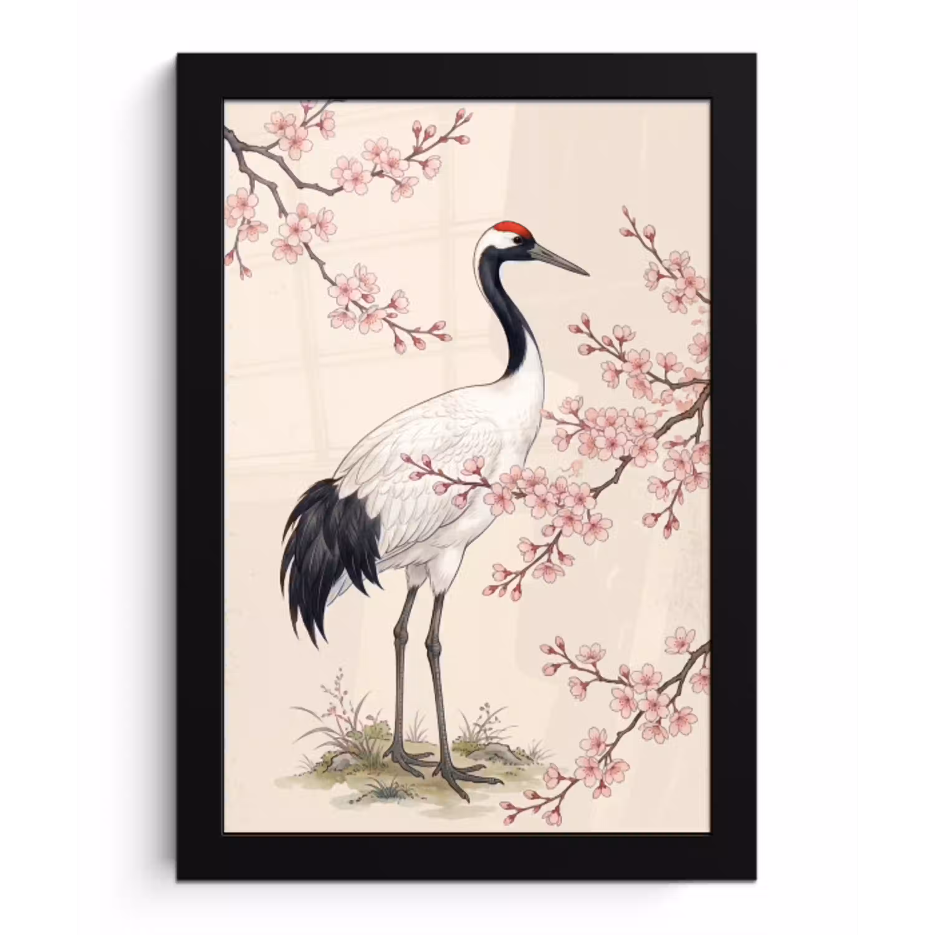 Aziatisch - Kraanvogel - Beige fotolijst zwart zonder passe partout klein -3d