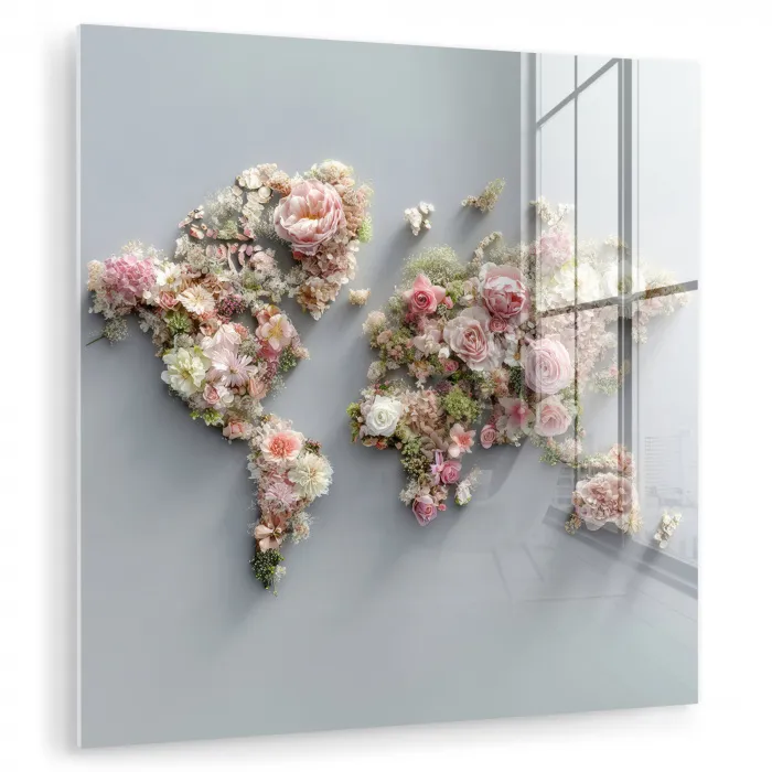 Wereldkaart - Rozen - Roze plexiglas 5mm klein -zzzproduct_nieuw