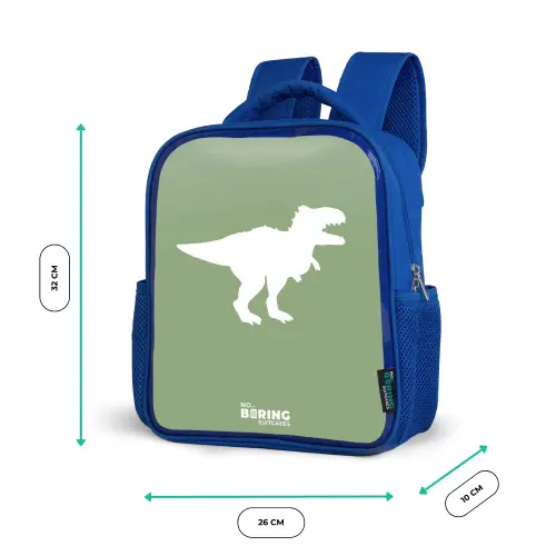 Groen met T-rex dino Kinderrugzak - Blauw middel -productfoto_formaten