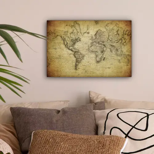 Wereldkaart - Vintage - Antiek - Bruin - Papier canvas 2cm klein -sfeer1