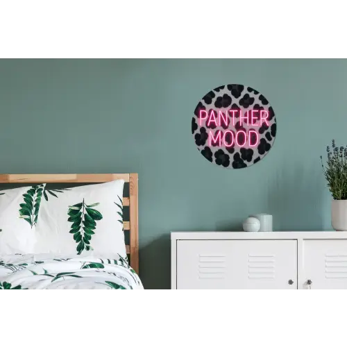 Panterprint - Zwart - Neonletters - Roze Wandcirkel aluminium klein -slaapkamer