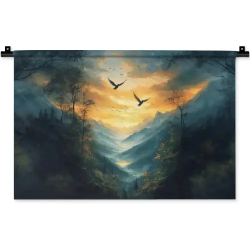 Vogels - Zon - Bomen - Groen Wandkleed katoen klein -zz3d