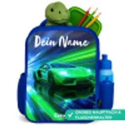 Sportauto - Groen - Snelheidslijnen - Neon Kinderrugzak - Blauw middel -inhoud_DE