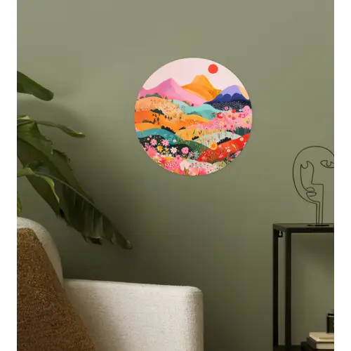 Kleurrijke bloemen - Bergen - Fantasielandschap Wandcirkel behangsticker klein -sfeer2