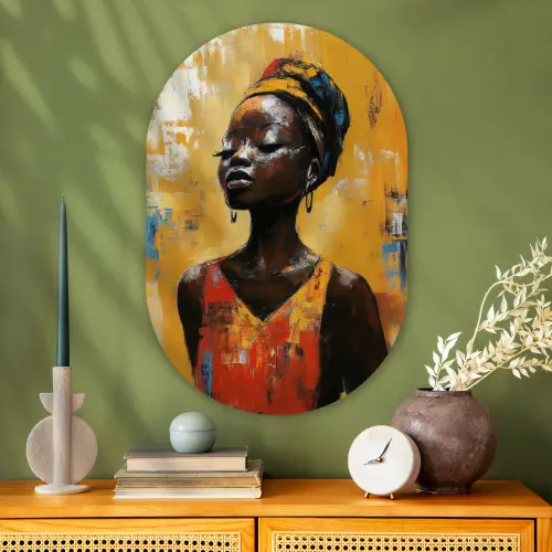Vrouw - Ogen - Penseelstreken - Geel Wandcirkel Ovaal Glas middel -sfeer2