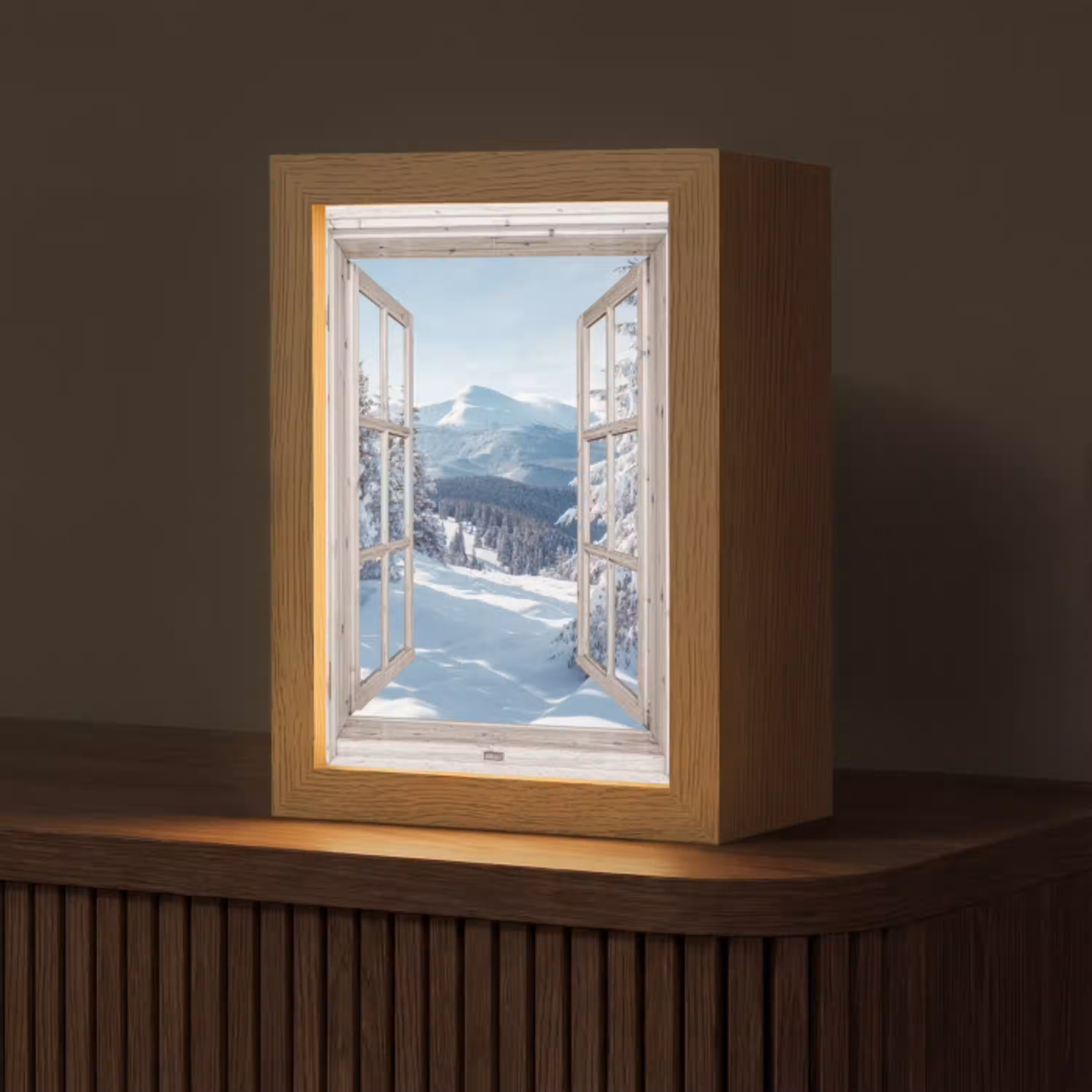 Doorkijk - Winter - Landschap - Natuur - Berg - Bomen - Wit Light Box met kabel (Tafellamp) klein -z3d_website