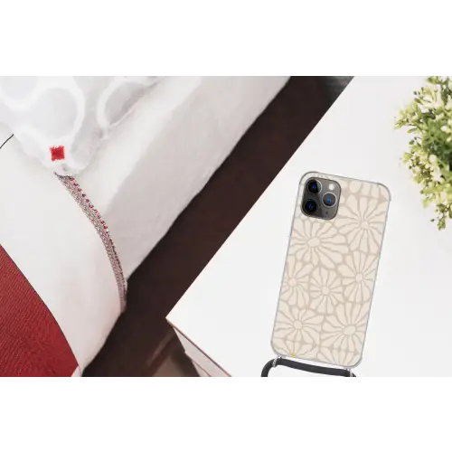 Bloemen - Print - Beige - Bruin - Minimalistisch Hoesje iPhone 12 Pro met koord klein -kamer