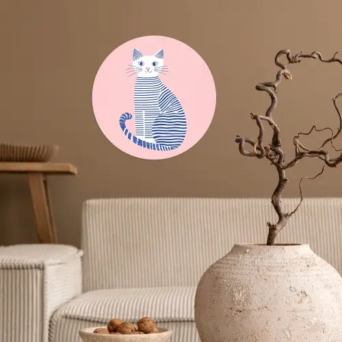 Kat - Illustratie - Minimalistisch - Roze Wandcirkel behangsticker klein -sfeer1