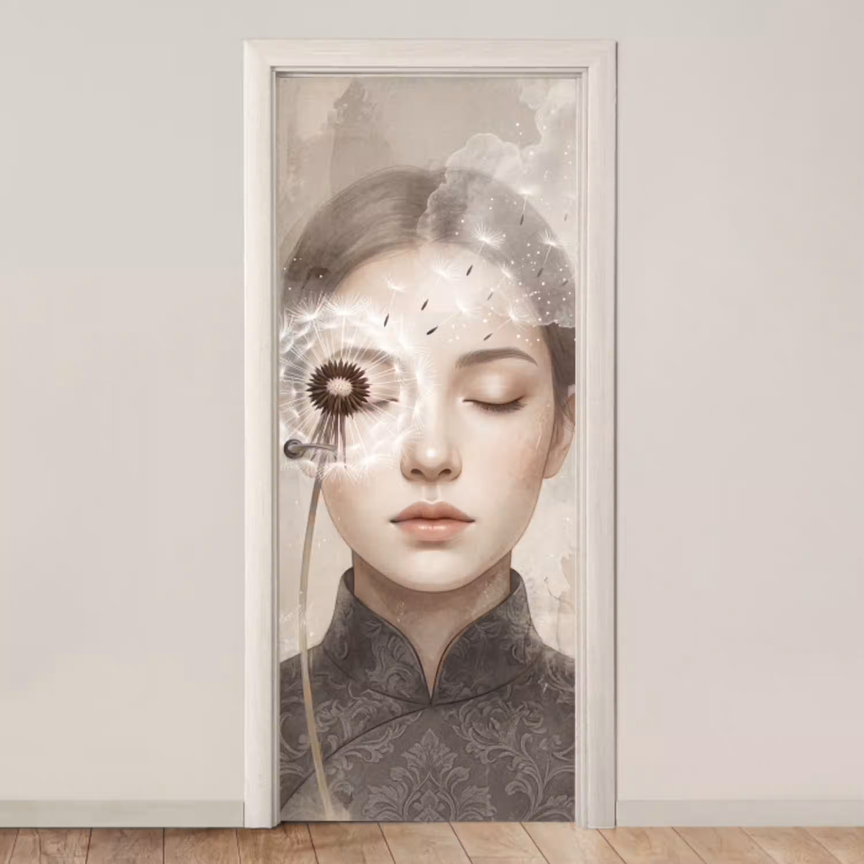Vrouw - Sereen - Grijs deurposter klein -3d_beige