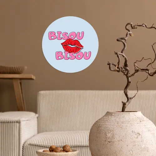 Bisou - Blauw - Roze - Lippen Wandcirkel behangsticker klein -sfeer1