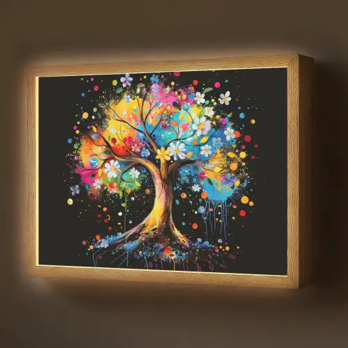 Boom - Kleurrijk - Bloemen - Zwart Light Box met batterij (Wandlamp) middel -z3d_website