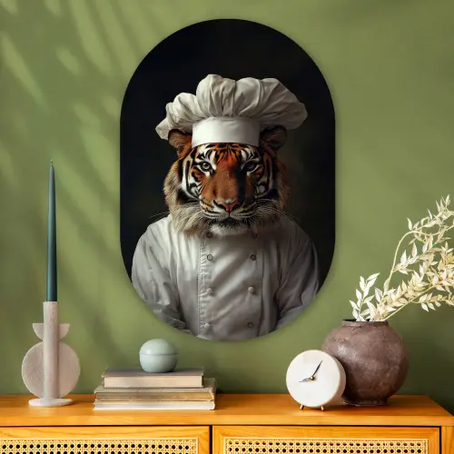 Tijger - Kokskleding - Bruin Wandcirkel Ovaal Glas middel -sfeer2