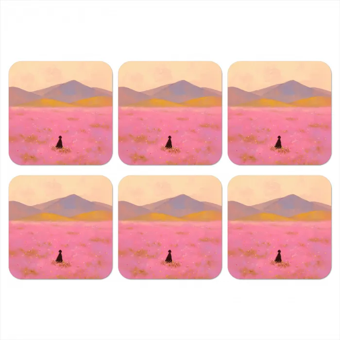 Bloemenweide - Heuvels - Silhouet - Roze onderzetter kurk middel -3d