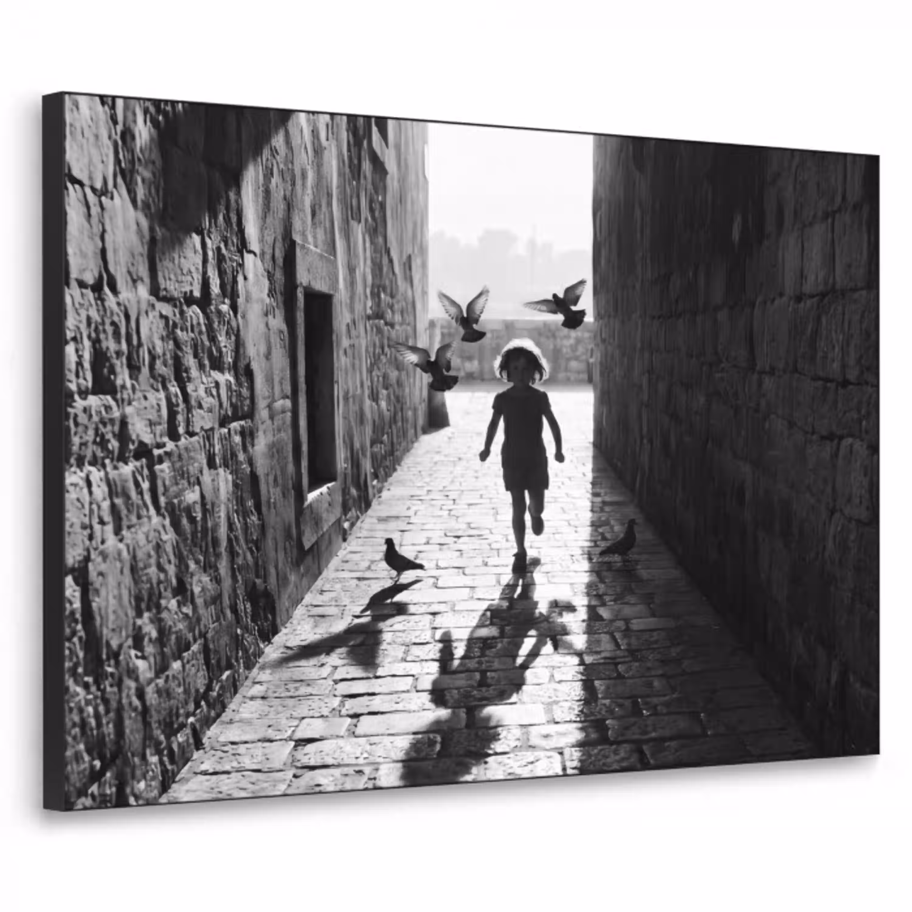 Kind - Vogel - Straat - Zwart-wit - Spelen Textielframe zwart klein -3d