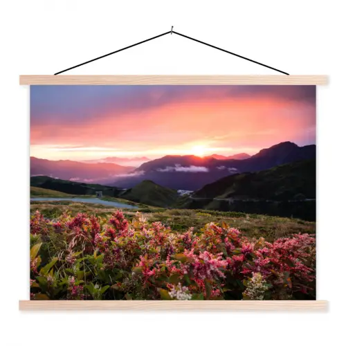 Bloemen - Bergen - Landschap - Nacht - Lucht - Roze textielposter latten blank klein -3d