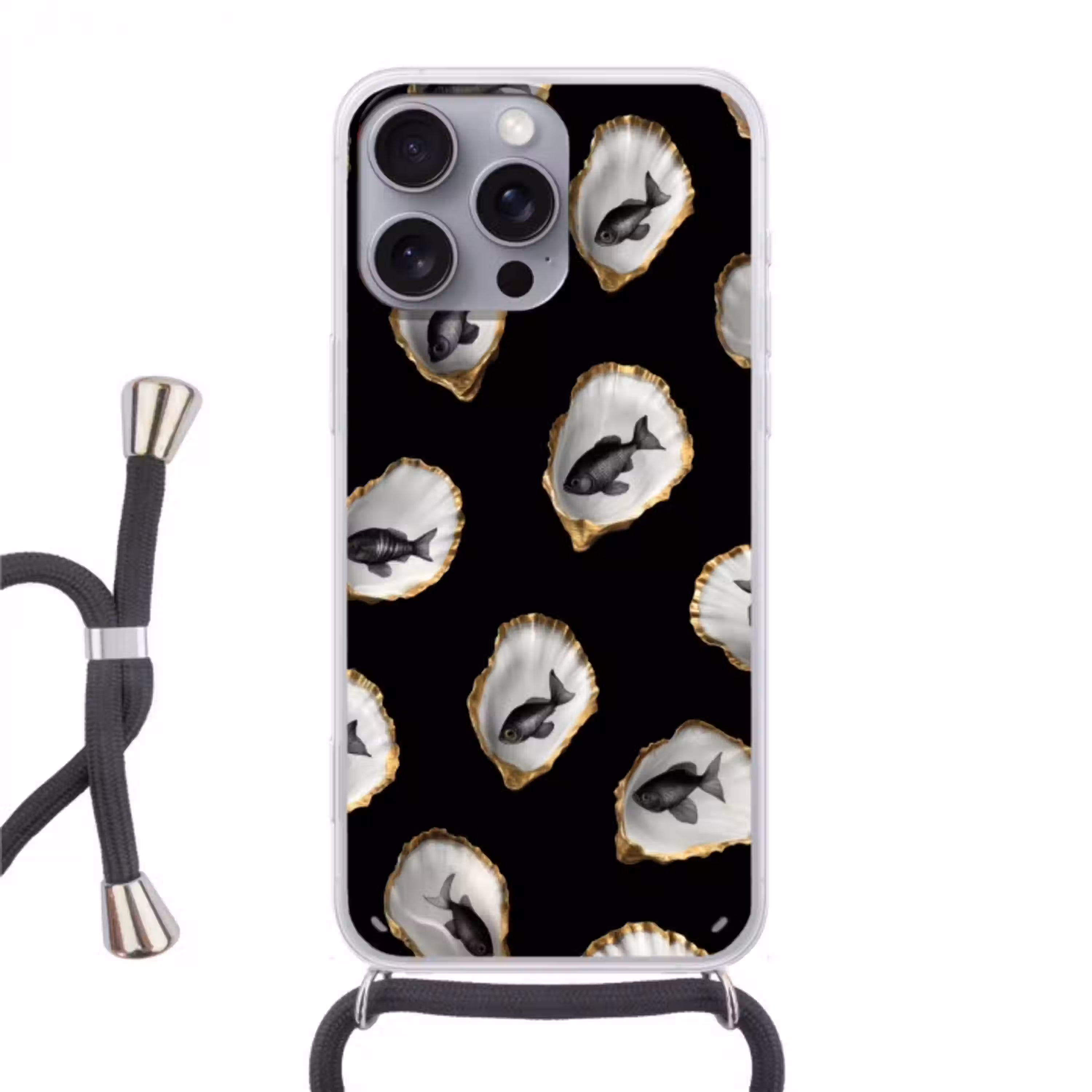 Oesters - Zwart - Vissen - Goud Hoesje iPhone 16 Pro Max met koord klein -3d