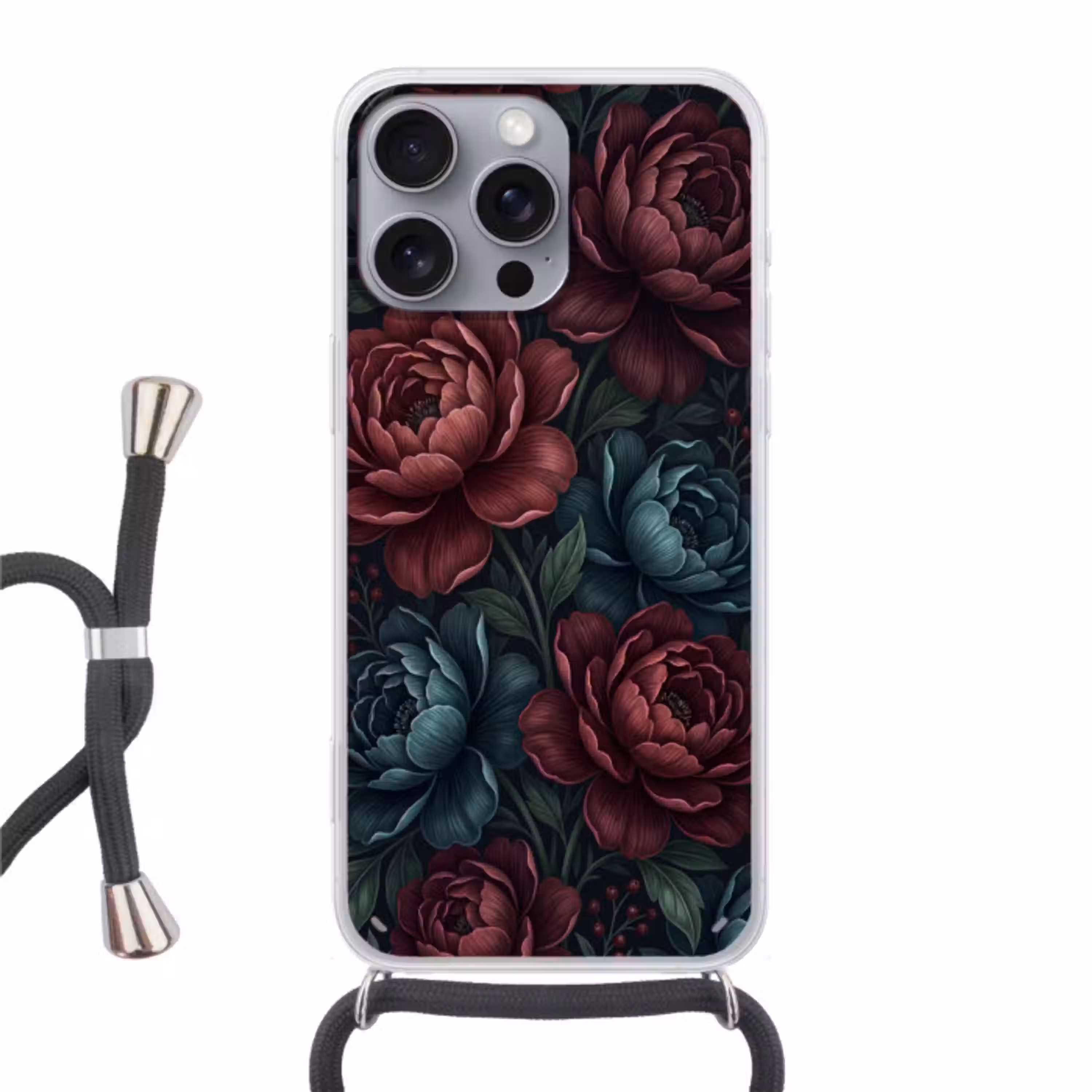 Bloemen - Patroon - Natuur - Klassiek - Donker Hoesje iPhone 16 Pro Max met koord klein -3d