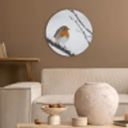 Roodborstje - Tak - Sneeuw - Winter - Levendig Akoestische PET Vilt - Rond klein -sfeer1
